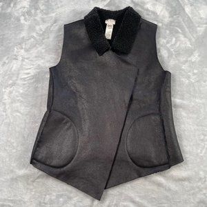 French Connection Vest Womens XS Black Metallic Sheen Sherpa Lined Open Front
